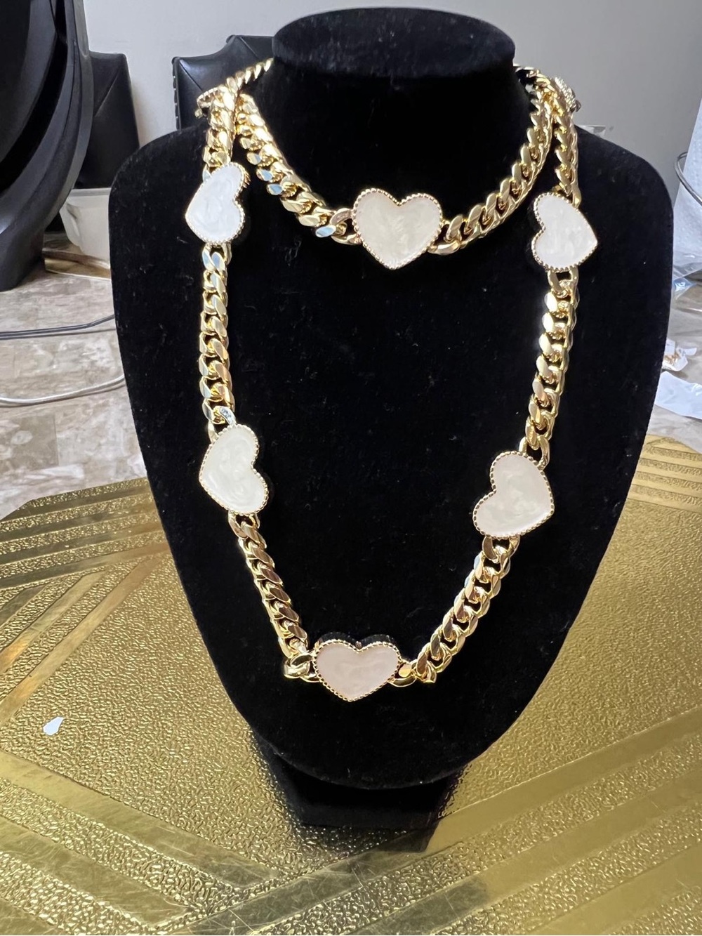Gold Heart Link Necklace with White Heart Accents